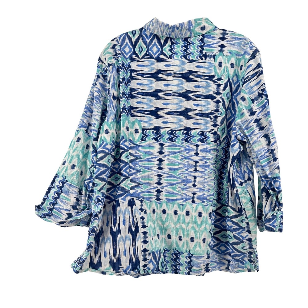 Allison Daley Plus 1X Blue Ikat Patchwork Cotton Button Front 3/4 Sleeve Blouse - Picture 8 of 11